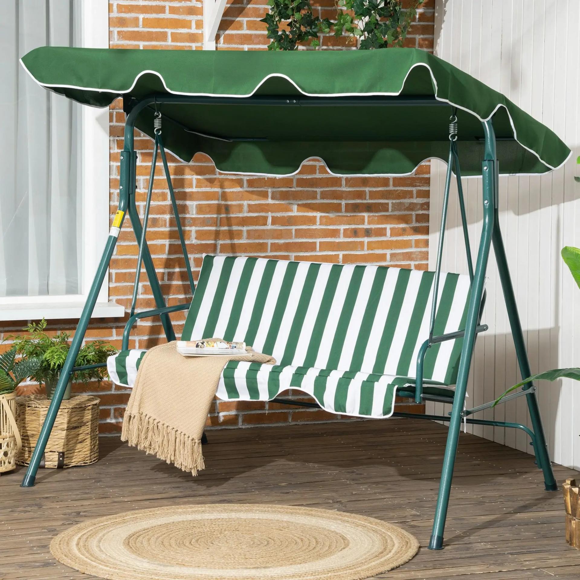 Columpio Balancín de Jardín de 3 Plazas con Cojín Techo Ajustable y Marco de Acero 172x110x153 cm Rayas Verde y Blanco