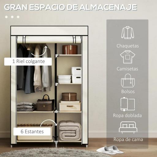 Armario de Tela Plegable Ropero Portátil con 6 Estantes y 1 Barra de Colgar para Dormitorio 103x43x162,5cm Crema [2]