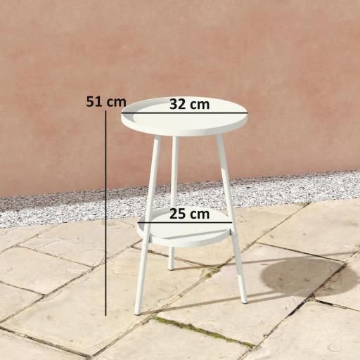 Mesa de Jardín Redonda de 2 Niveles con Bordes Elevados Bandeja Inferior para Exterior e Interior Ø32x51 cm Blanco [1]