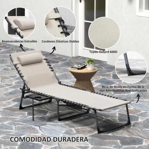 Tumbona Plegable con Respaldo Ajustable Reposacabezas Bolsillo Lateral Bandeja y Estructura de Acero 190x60x31 cm Crema [4]