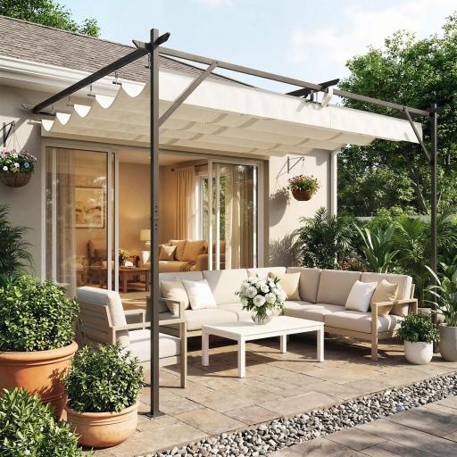 Pérgola de Pared de Jardín 4x3 m con Techo Retráctil Protección UPF30+ Drenaje Cenador de Jardín para Exterior Crema [8]