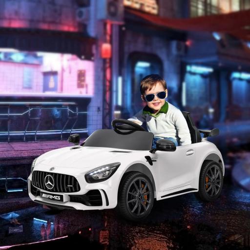 Coche Eléctrico para Niños de +3 Años Mercedes-Benz AMG GTR con Batería 12V Mando a Distancia Faros Bocina Música Blanco