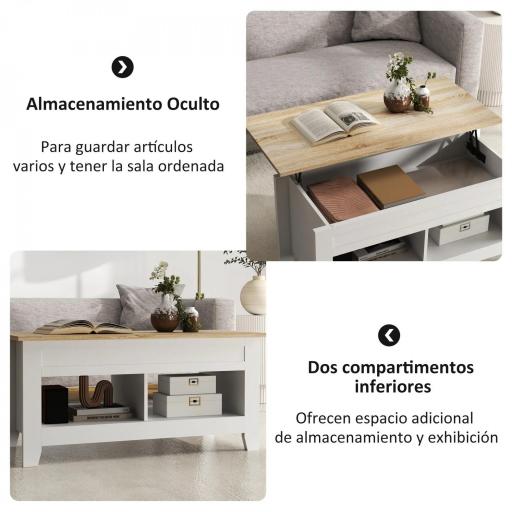 Mesa de Centro Elevable con Encimera Elevable y Espacio Oculto de Almacenaje 105x50x49 cm Blanco y Natural [5]