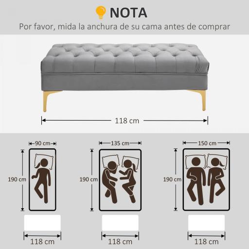 Taburete Pie de Cama Banco de Dormitorio con Asiento Acolchado y Patas Metálicas para Entrada Pasillo 118x45x42 cm Gris [3]