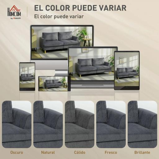 Sofá de 3 Plazas Tapizado en Pana Acolchado Grueso de Muelles Asiento Ancho 2 Almohadas 188x80x86 cm Gris Oscuro [3]
