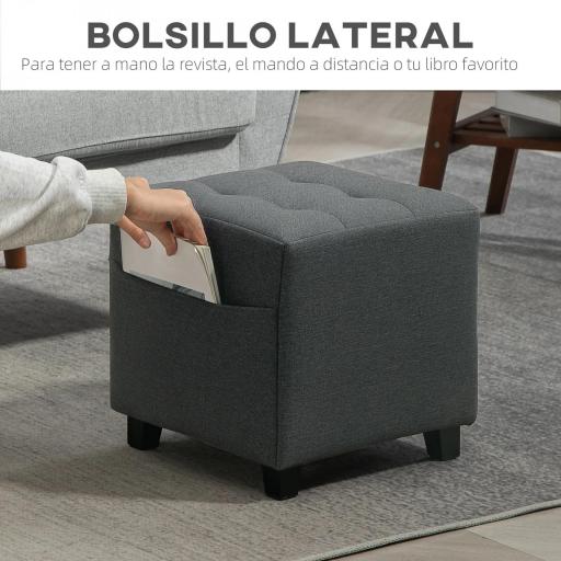 Reposapiés de Salón Taburete Bajo Tapizado en Lino con Bolsillo Lateral y Tapa con Botones Acolchados Gris [9]