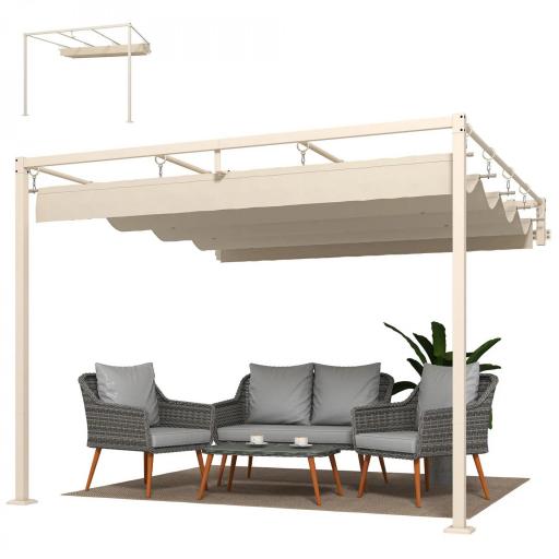 Pérgola de Pared de Jardín 3x3 m con Techo Retráctil Protección UPF30+ Drenaje Cenador de Jardín para Exterior Beige [8]