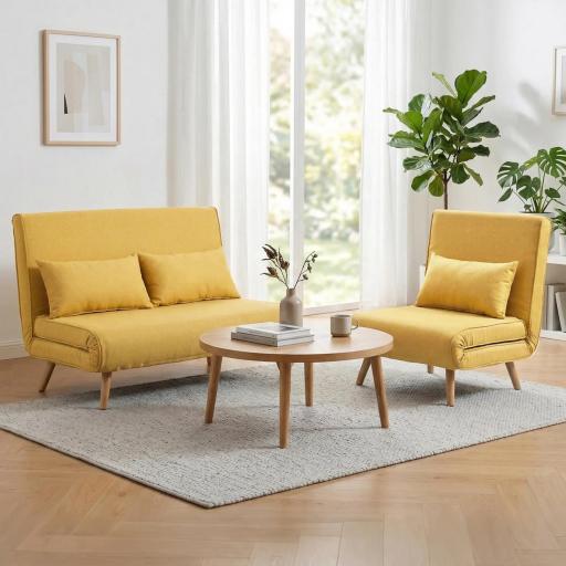 Sofá Cama de 2 Plazas Plegable Sofá Cama Tapizado en Lino con Respaldo Ajustable 5 Posiciones 2 Almohadas Amarillo [7]