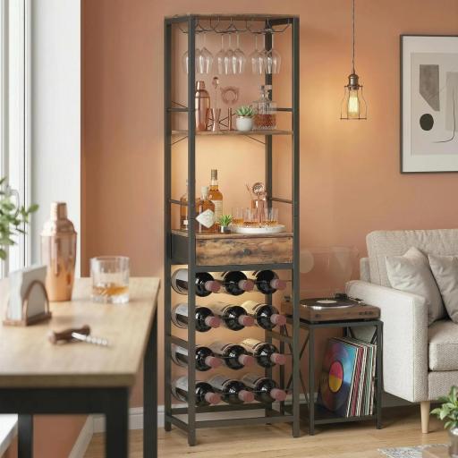 Mueble de Bar para Vinos con Soporte de Copas y Cajón Botellero para 12 Botellas con Estante Abierto Marrón Rústico [2]