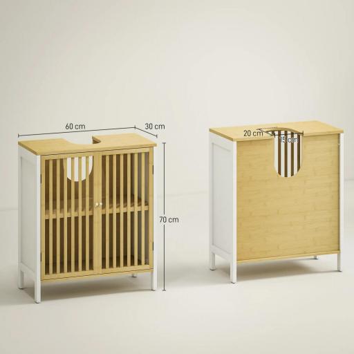 Armario de Baño Bajo Lavabo de Bambú con Puerta Doble y Estante Ajustable Carga 30 kg 60x30x70 cm Natural y Blanco [1]