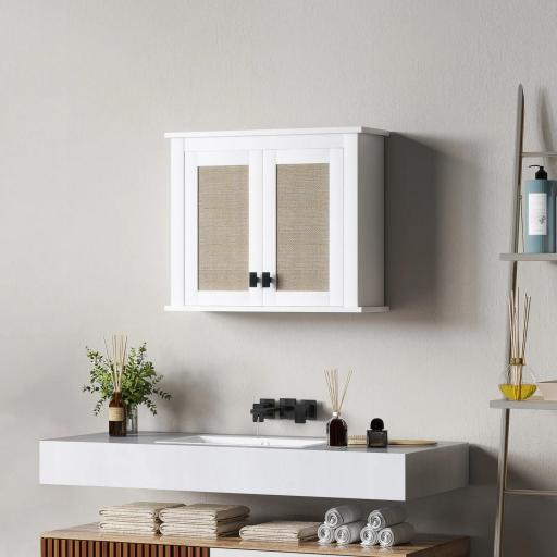 Armario de Pared para Baño Mueble de Baño Suspendido con 2 Puertas de Ratán PE Estante Ajustable 60x19,5x49,4 cm Blanco