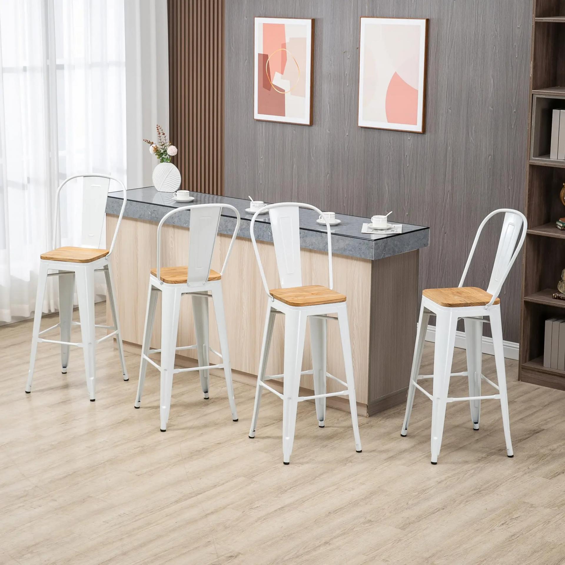 Juego de 4 Taburetes Altos de Cocina Apilables con Respaldo Taburetes de Bar con Reposapiés 44x48x117 cm Blanco
