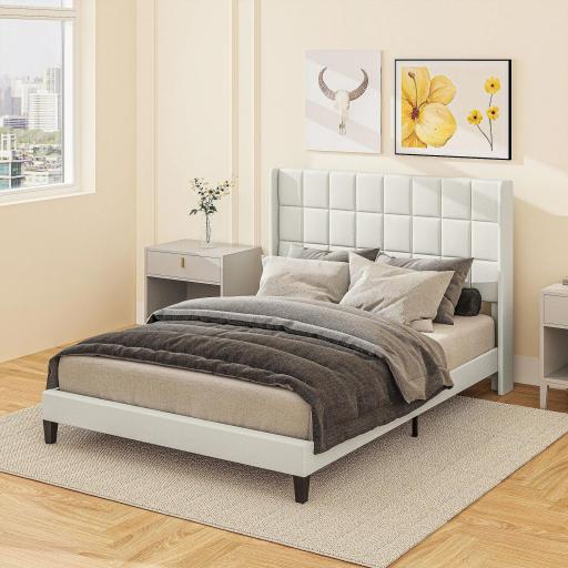 Cama 135x190 cm con Almacenaje Inferior Tapizada y Cabecero Acolchado con Orejas Beige [3]