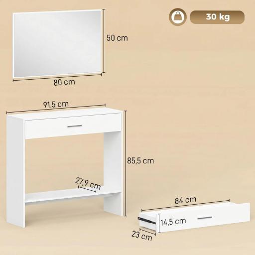 Recibidor de Entrada con Espejo Cajón y Estante Mueble de Recibidor para Pasillo 91,5x27,9x85,5 cm Blanco [1]