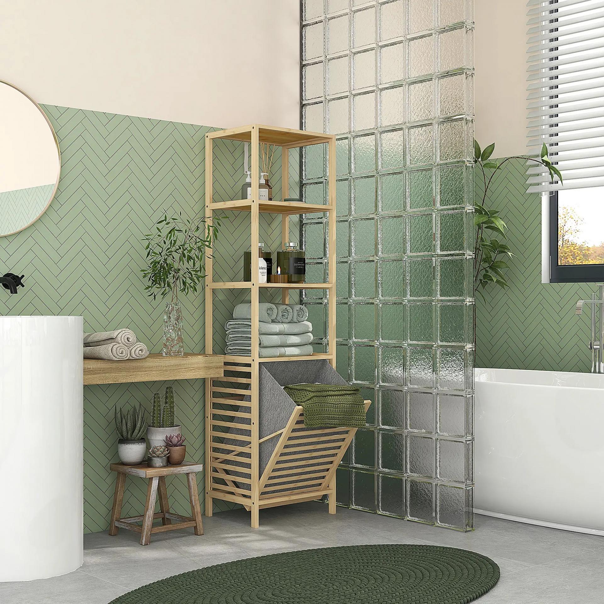 Estantería de Almacenaje Mueble de Baño con 3 Estantes y 1 Cesto para Ropa Sucia Desmontable 44x33x160 cm Natural