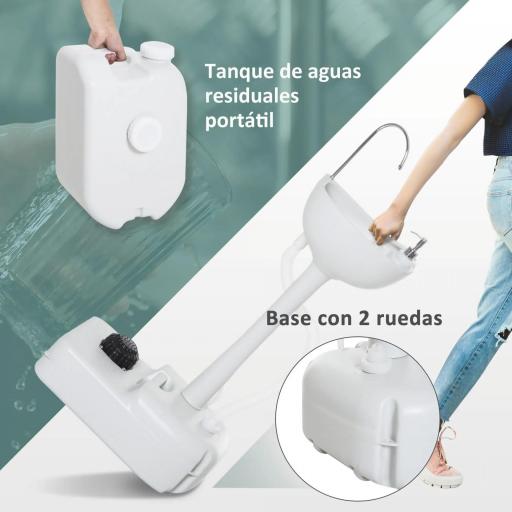 Fregadero Portátil Lavamanos para Actividades al Aire Libre o Camping con Tanques de Recuperación de Agua 17 L Dispensador de Jabón Y 2 Ruedas HDPE 83x50x103 cm Gris Claro [4]