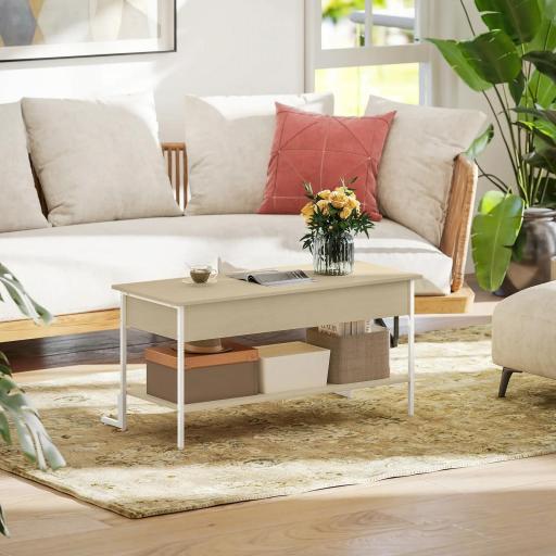 Mesa de Centro Elevable con Cierre Suave Espacio Oculto de Almacenaje y Estante Abierto 95x40x59 cm Natural y Blanco [5]