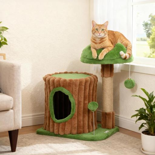 Árbol Rascador para Gatos 53 cm Diseño de Tronco con Casita Cama Poste de Yute Bolas Marrón y Verde [4]