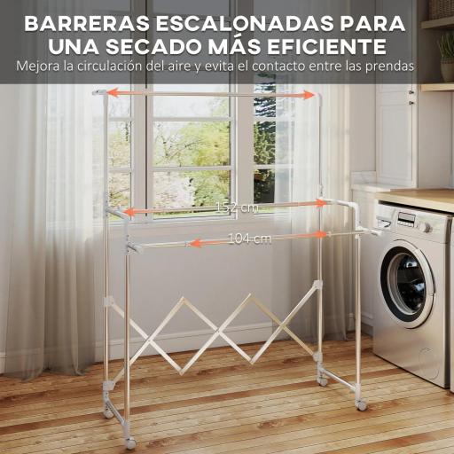 Tendedero Plegable de 3 Niveles Tendedero de Acero Inoxidable con 3 Barras Ajustables y Extensibles 4 Ruedas Plata [4]