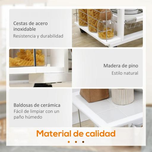 Carrito de Cocina con Ruedas Carrito Verdulero con Cajón Cestas y Estantes Laterales 57x37x83cm Blanco [5]