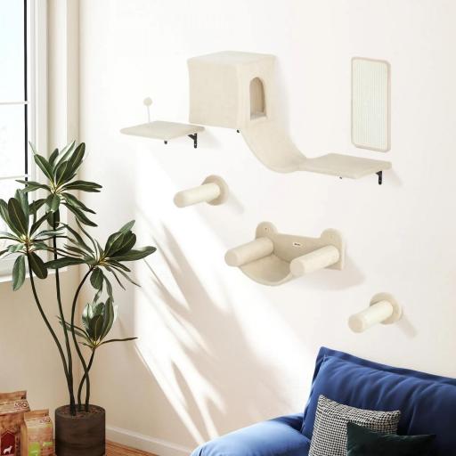 Juego de Escalada para Gatos de Pared de 6 Piezas con Condominio Plataforma Hamaca Escaleras y Tabla de Rascar Beige [2]