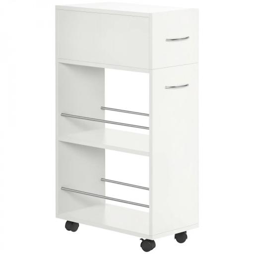 Carrito de Cocina Verdulero con 1 Cajón y 2 Estantes Abiertos Carro Auxiliar con Ruedas 25x50x85 cm Blanco [9]