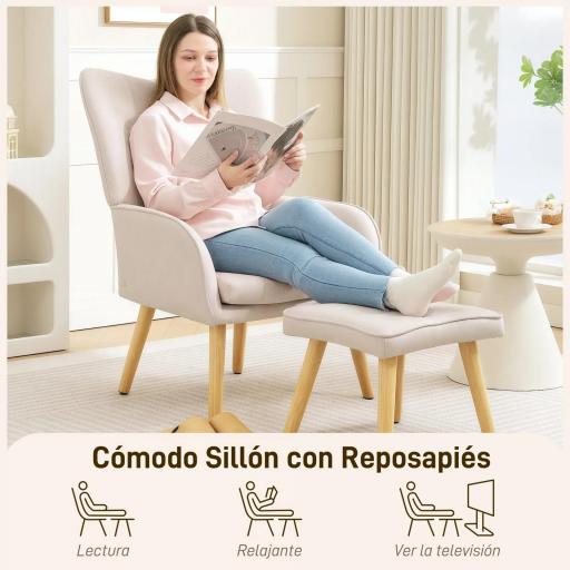 Sillón con Reposapiés Sillón Lectura con Respaldo Alto Capitoné Patas de Madera y Tapizado en Lino Beige [2]