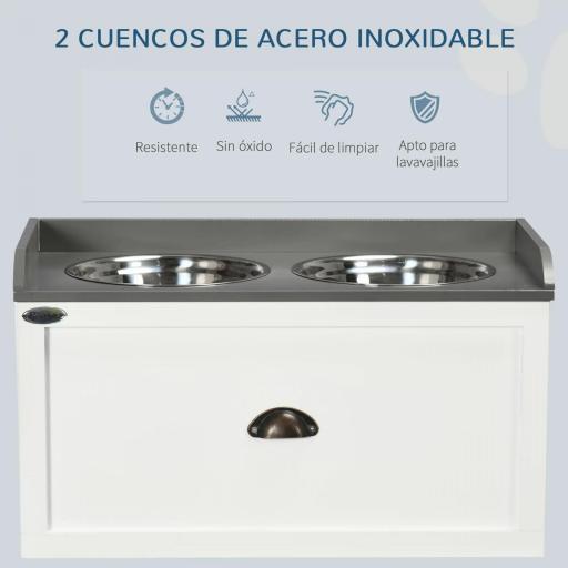 Comedero Elevado para Perros Grandes con 2 Cuencos de 2000 ml de Acero Inoxidable y 1 Cajón 63x30x36 cm Blanco [5]