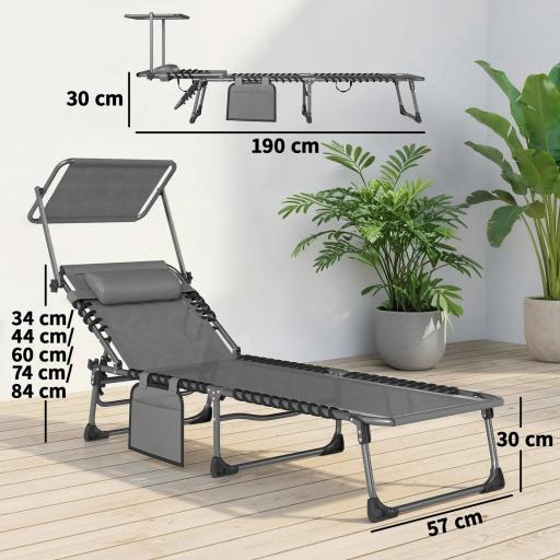 Set de 2 Tumbonas Plegables con Reposacabezas Parasol Bolsillo Lateral y Respaldo Reclinable en 5 Posiciones Gris [1]