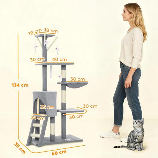 Árbol Rascador para Gatos Altura 134 cm con 6 Postes 3 Plataformas Cueva Hamaca Escalera 4 Juguetes Colgantes Gris [1]