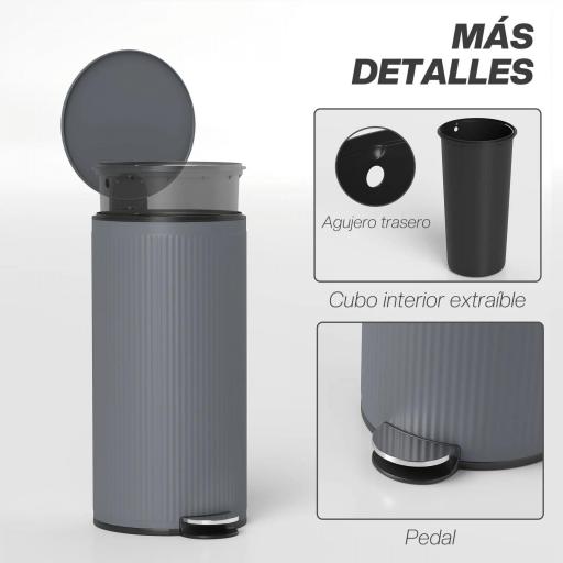 Cubo de Basura Cocina 30L con Pedal Tapa de Cierre Suave y Cubo Extraíble para Dormitorio Oficina Estudio Salón Gris [5]