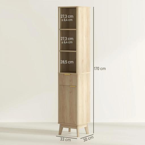 Columna Alta de Baño con Estantes y Cajón Diseño Compacto y Funcional para Espacios Reducidos 33x30x170 cm Tono Madera [1]