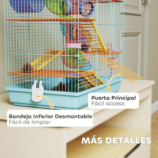 Jaula para Hámster de Múltiples Niveles con Tubos Plataformas Comedero Bebedero Casita Rueda Escaleras 47x30x59 cm Azul [5]