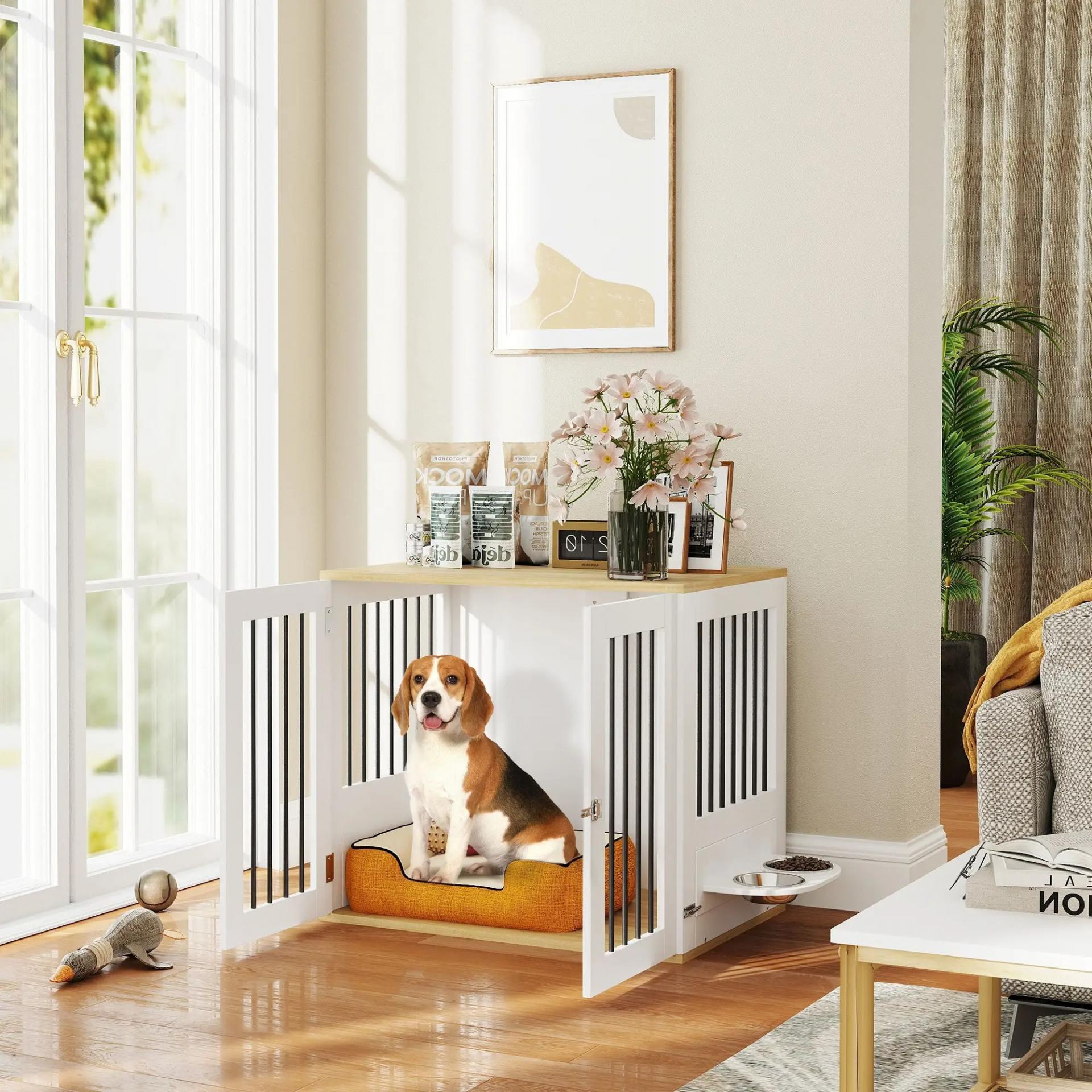 Jaula para Perros Medianos 2 en 1 con 2 Puertas con Puertas Comedero Giratorio de 360° y 2 Cuencos 80x55x71,5 cm Blanco