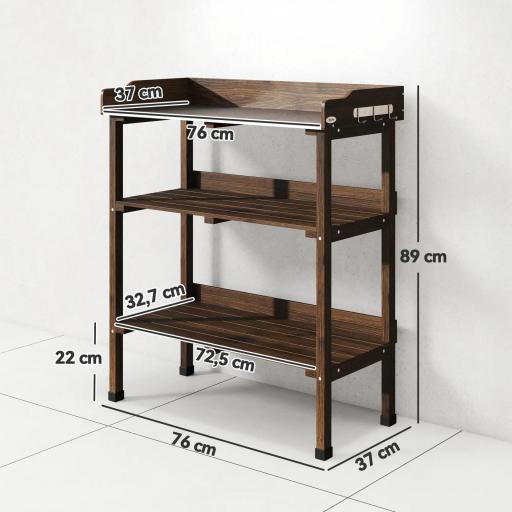 Mesa de Jardinería de Madera con Superficie Metálica Estantes y Ganchos para Jardín Terraza 76x37x89 cm Carbonizado [3]