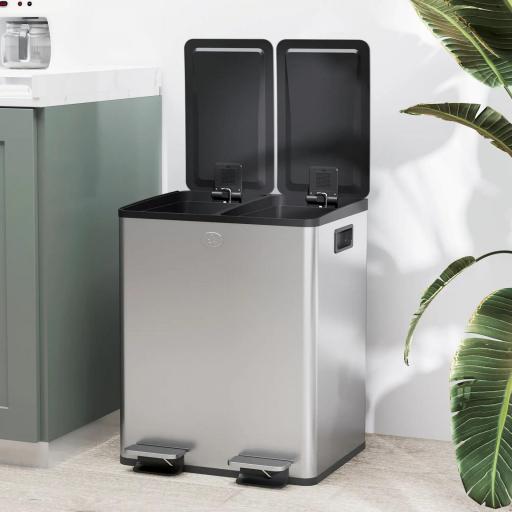 Papelera de Cocina de Acero Inoxidable con 2 Compartimentos 2x20L Pedal Tapas de Cierre Suave y Cubo Extraíble Plata [7]