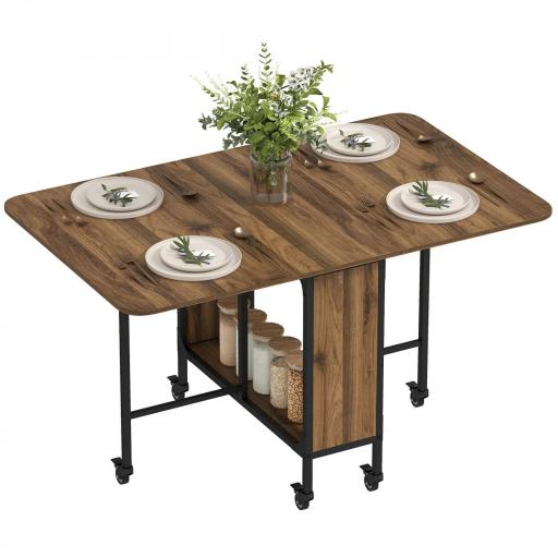 Mesa de Cocina Plegable con Ruedas Alas Abatibles y Estante Mesa Plegable para Salón 130x80x74 cm Marrón [9]