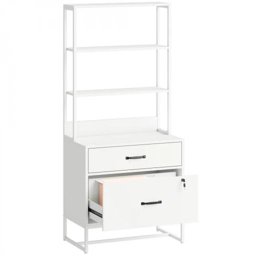 Mueble Archivador con Estantería 2 Cajones Encimera para Impresora Cerradura para A4 Letter Legal Blanco [9]