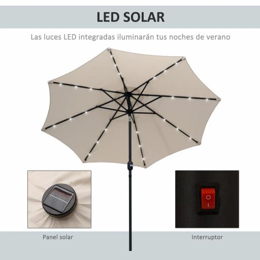 Parasol de Terraza Ø268x238 cm con 24 Luces LED Solar Mecanismo de Inclinación Manivela y Poste Desmontable Crema [2]