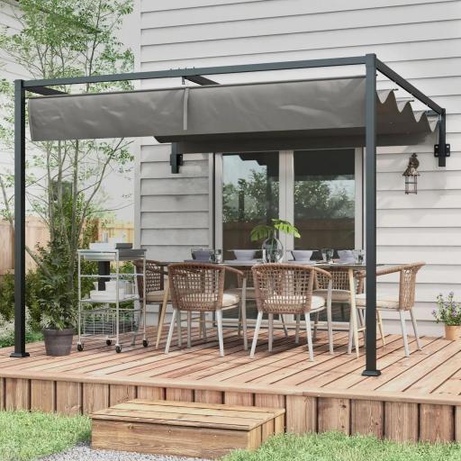 Pérgola de Jardín de Pared 297x211x220 cm Cenador con Techo Retráctil y Marco de Acero para Patio Terraza Gris Oscuro [6]