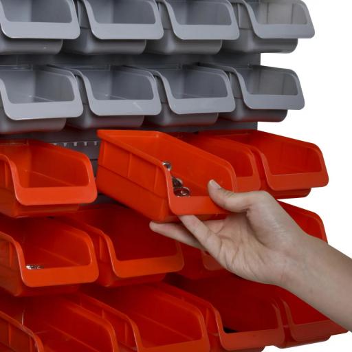 Estantería de Pared para Herramientas de 44 Piezas 95x54 cm con 28 Cajas Apilables y Diferentes Ganchos Gris y Rojo [4]
