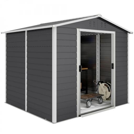 Cobertizo de Jardín Exterior 4,4 m² 240x206x198 cm con Base Puerta Corredera y Cerradura 4 Ventanas para Patio Gris [9]