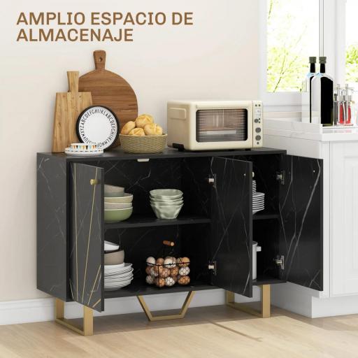 Aparador de Salón con 2 Armarios y Estante Interior Ajustable Buffet acabado Efecto Mármol 107x35x75 cm Negro y Dorado [2]