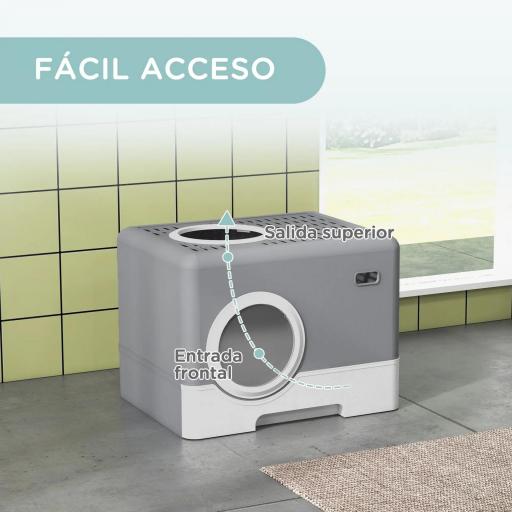 Arenero para Gatos Cubierto con Pala Bandeja Extraíble Entrada Frontal y Salida Superior 52x41x38,5 cm Gris [3]