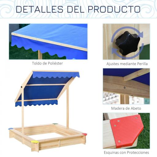 Arenero de Madera para Niños con Techo Cajón de Arena Toldo Ajustable Espacioso 120x120x120 cm para Jardín Exterior al Aire Libre Color Madera Natural [4]