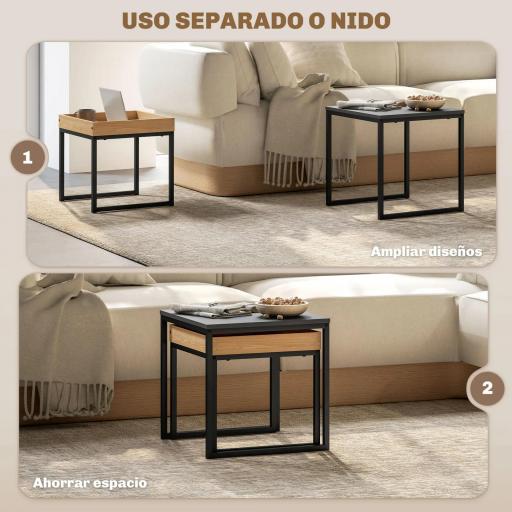 Conjunto de 2 Mesitas Auxiliares con Diseño Anidado para Usar Juntas como Mesa de Centro o Separadas Color Negro y Roble [5]