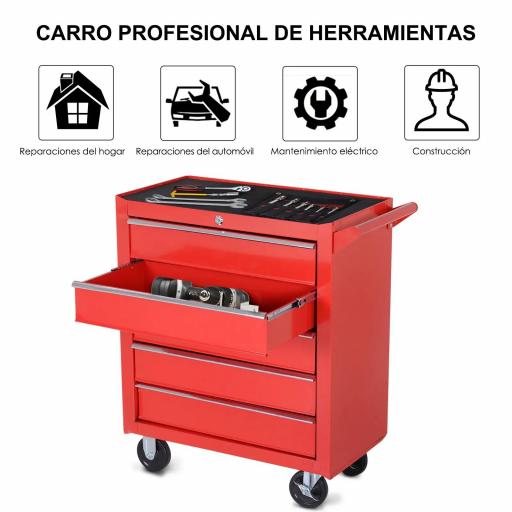 Caja Taller Carro de Herramientas con Ruedas Cerradura tipo Mueble de Almacenamiento para Taller Garaje y Hogar Chapa de Acero 69x33x75 cm Rojo [7]