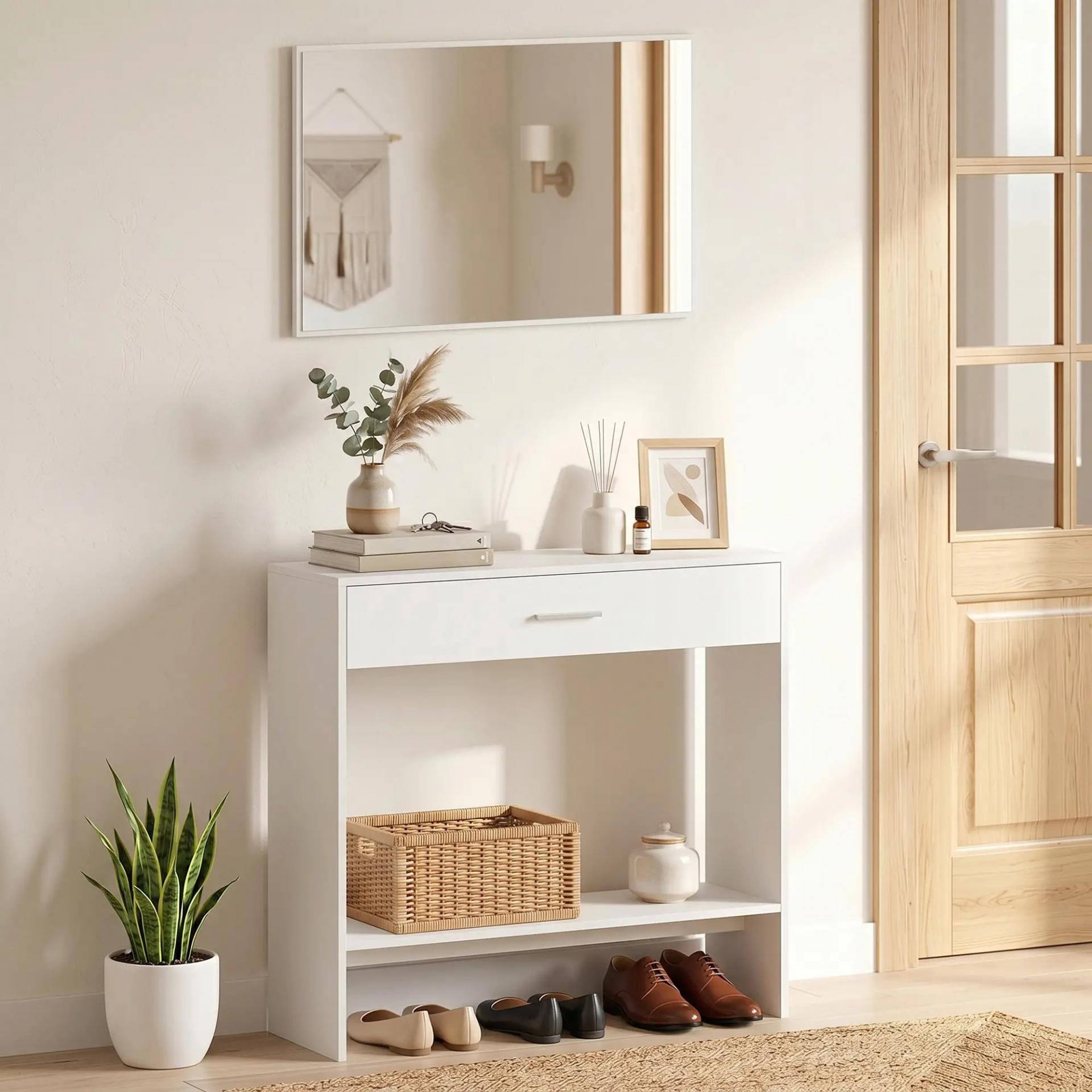 Recibidor de Entrada con Espejo Cajón y Estante Mueble de Recibidor para Pasillo 91,5x27,9x85,5 cm Blanco