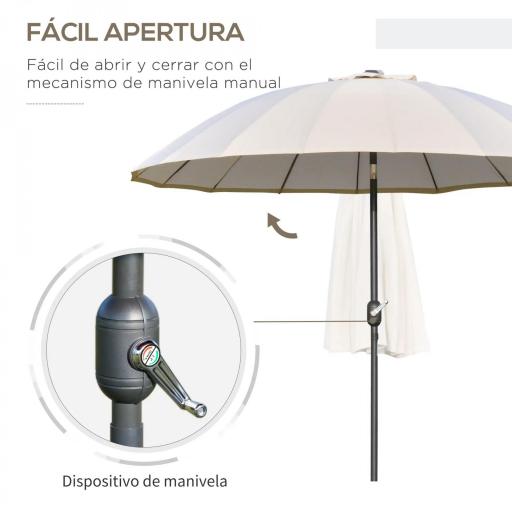 Sombrilla de Jardín Ø250x240 cm con Manivela Parasol con Ángulo Inclinable con 18 Varillas para Exterior Crema [2]