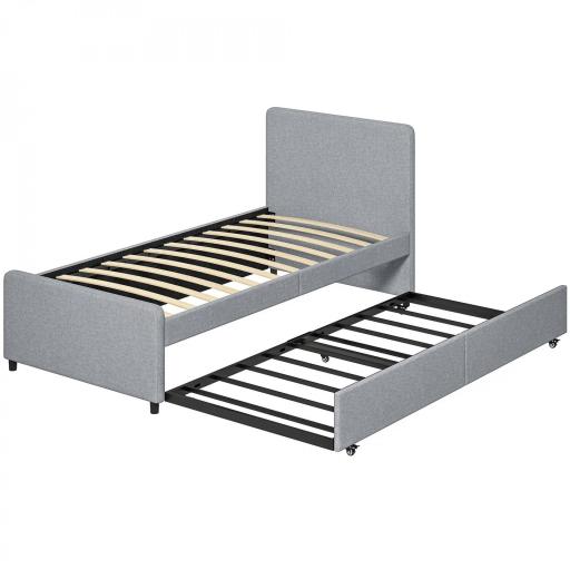 Cama Nido Individual 90x190 cm Estructura de Cama Tapizada en Lino con Cabecero y Piecero Listones de Madera Gris Claro [8]